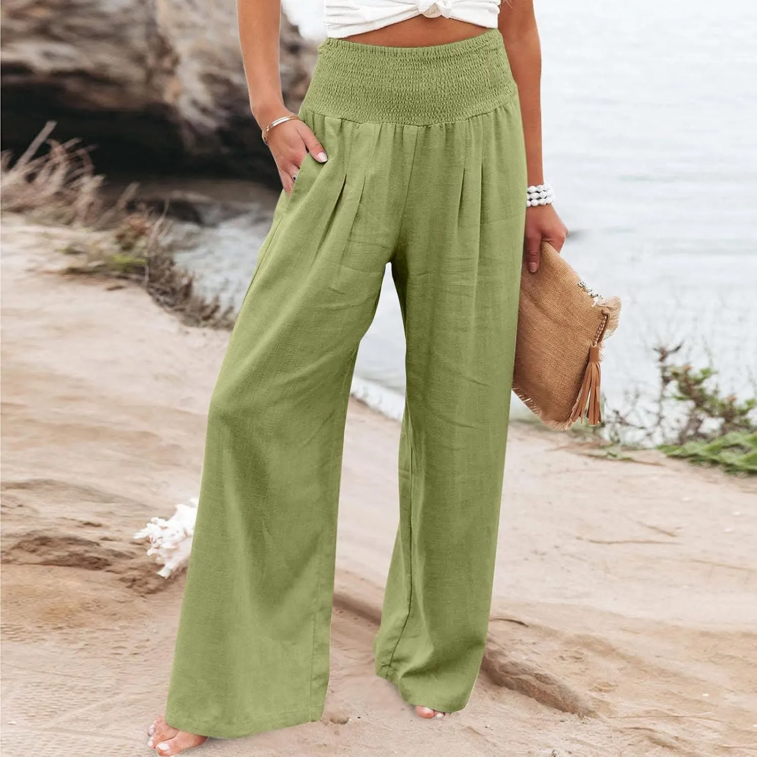 Linen Pants Women Tall High Waist Wide Leg Palazzo Boho Flowy Pants Summer Beach Vacation Lounge Trouser with Pockets