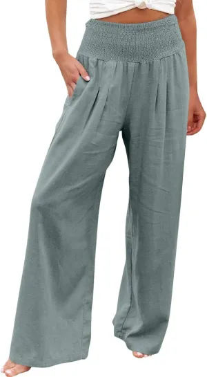 Linen Pants Women Tall High Waist Wide Leg Palazzo Boho Flowy Pants Summer Beach Vacation Lounge Trouser with Pockets