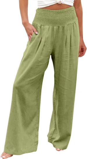 Linen Pants Women Tall High Waist Wide Leg Palazzo Boho Flowy Pants Summer Beach Vacation Lounge Trouser with Pockets