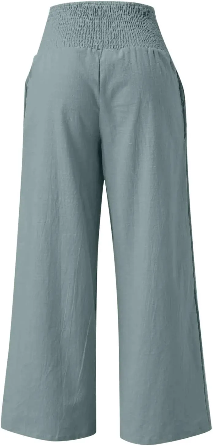 Linen Pants Women Tall High Waist Wide Leg Palazzo Boho Flowy Pants Summer Beach Vacation Lounge Trouser with Pockets