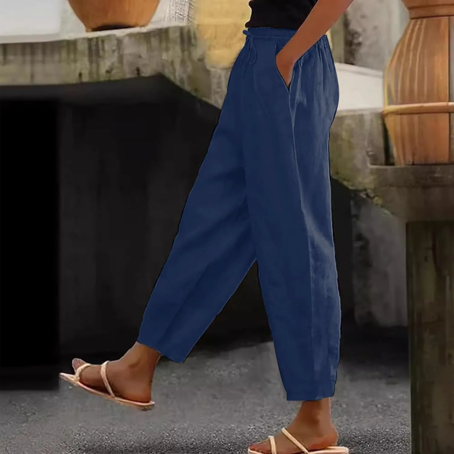 Linen Pants Women with Pockets High Elastic Waist Slim Fit Slacks Straight Leg Drawstring Palazzo Pants
