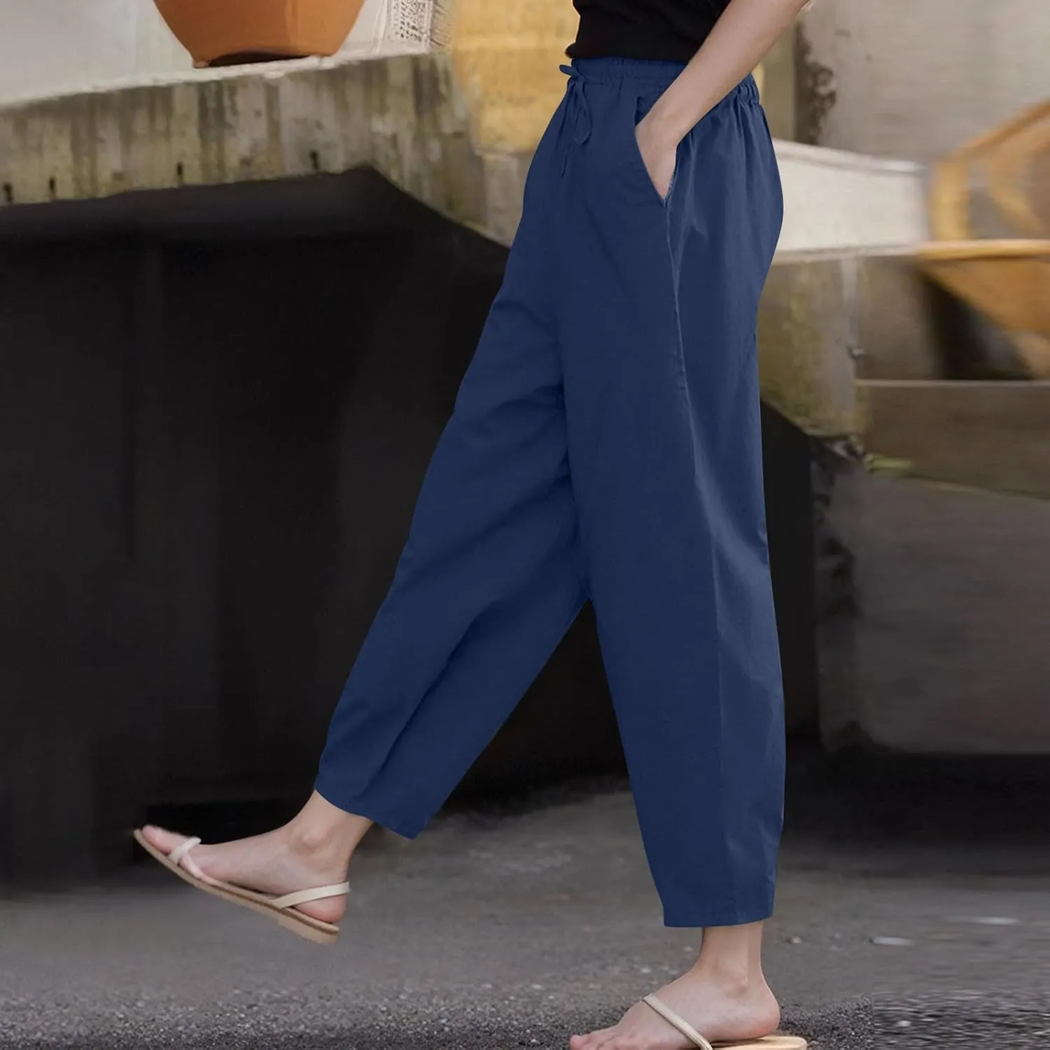 Linen Pants Women with Pockets High Elastic Waist Slim Fit Slacks Straight Leg Drawstring Palazzo Pants