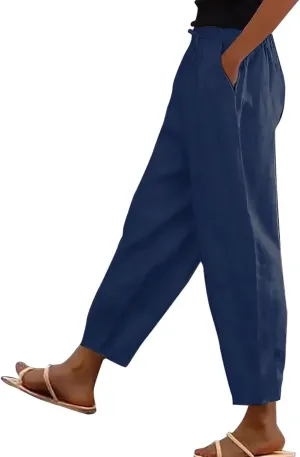 Linen Pants Women with Pockets High Elastic Waist Slim Fit Slacks Straight Leg Drawstring Palazzo Pants
