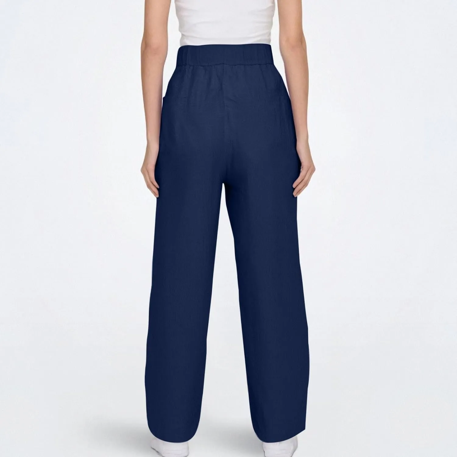 Linen Pants Women with Pockets High Elastic Waist Slim Fit Slacks Straight Leg Drawstring Palazzo Pants