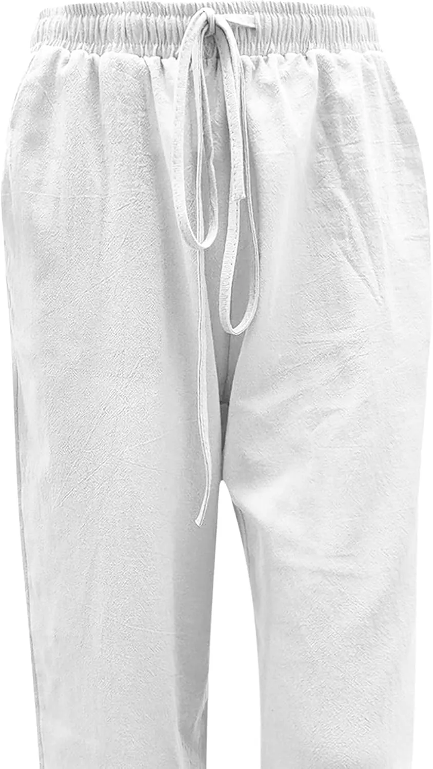 Linen Summer Pants Women 2025 Trendy Casual High Waist Drawstring Loose Slacks Lightweight Long Palazzo Gauze Trousers