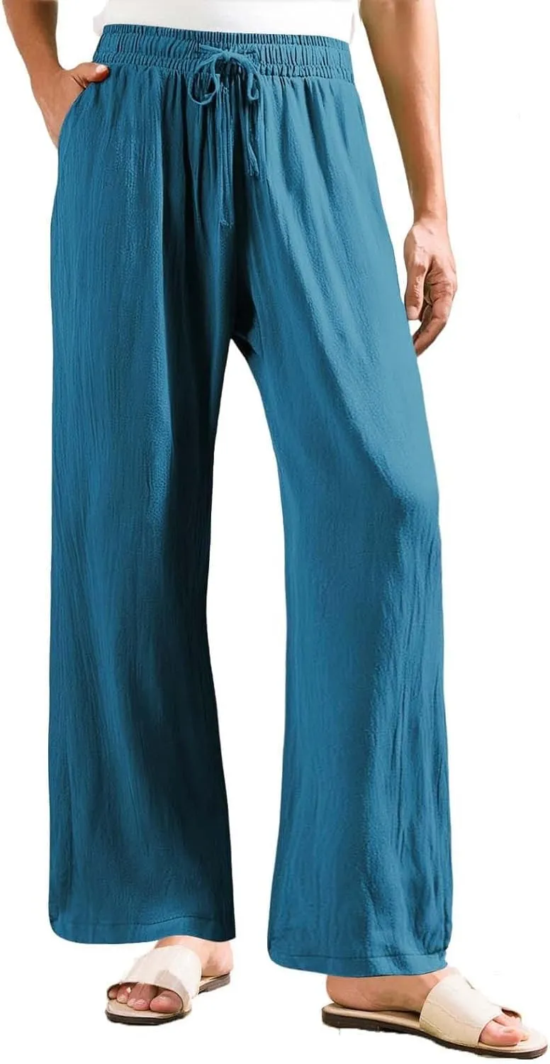 Linen Wide Leg Pants for Women Summer Casual High Waisted Palazzo Pants Boho Beach Vacation Trousers with Pockets