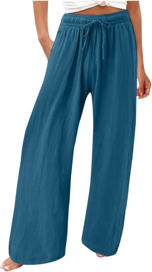 Linen Wide Leg Pants for Women Summer Casual High Waisted Palazzo Pants Boho Beach Vacation Trousers with Pockets