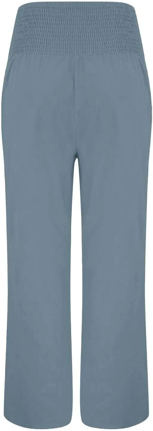 Linen Wide Leg Pants for Women Summer Casual Pleated Elastic High Waistband Palazzo Trousers Beach Yoga Trousers with Pockets