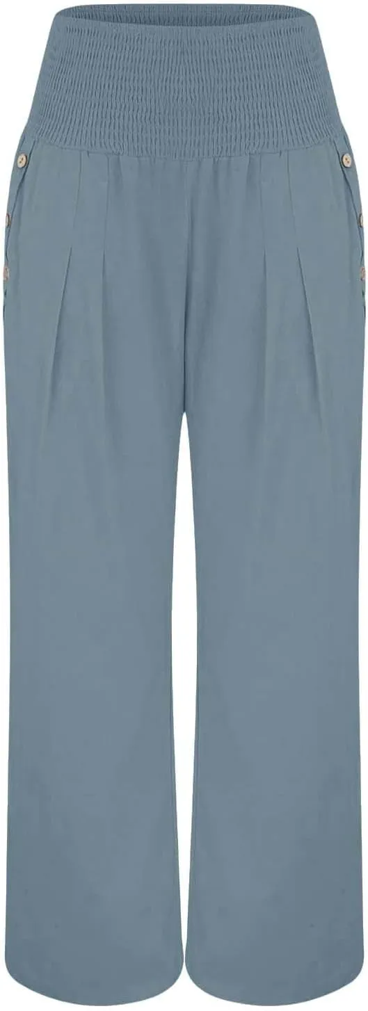 Linen Wide Leg Pants for Women Summer Casual Pleated Elastic High Waistband Palazzo Trousers Beach Yoga Trousers with Pockets