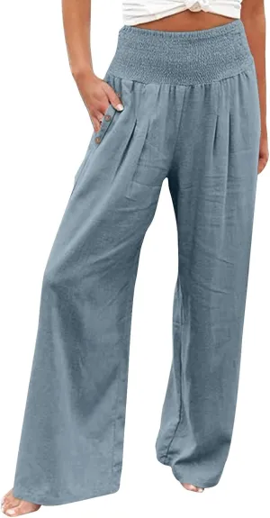 Linen Wide Leg Pants for Women Summer Casual Pleated Elastic High Waistband Palazzo Trousers Beach Yoga Trousers with Pockets