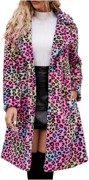 Lmdudan Womens 2024 Winter Faux Fur Coat Leopard Print Fleece Long Jacket Retro Lapel Warm Overcoat Plus Size Trench Coats