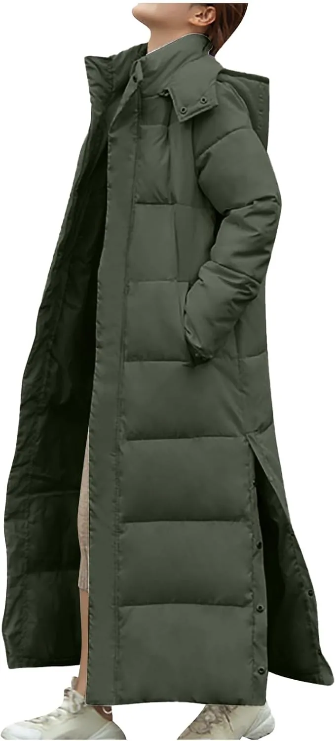 Long Puffer Coat Women Ankle Length Winter Warm Down Jacket Trendy Thick Padded Parkas Overcoat with Hood Pockets