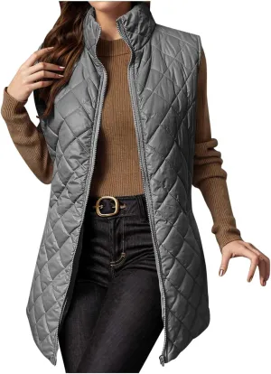 Long Puffer Vest Womens Winter Ultra Light Quilted Long Down Vest Stand Collar Full Zip Pockets Black Outerwear Vest