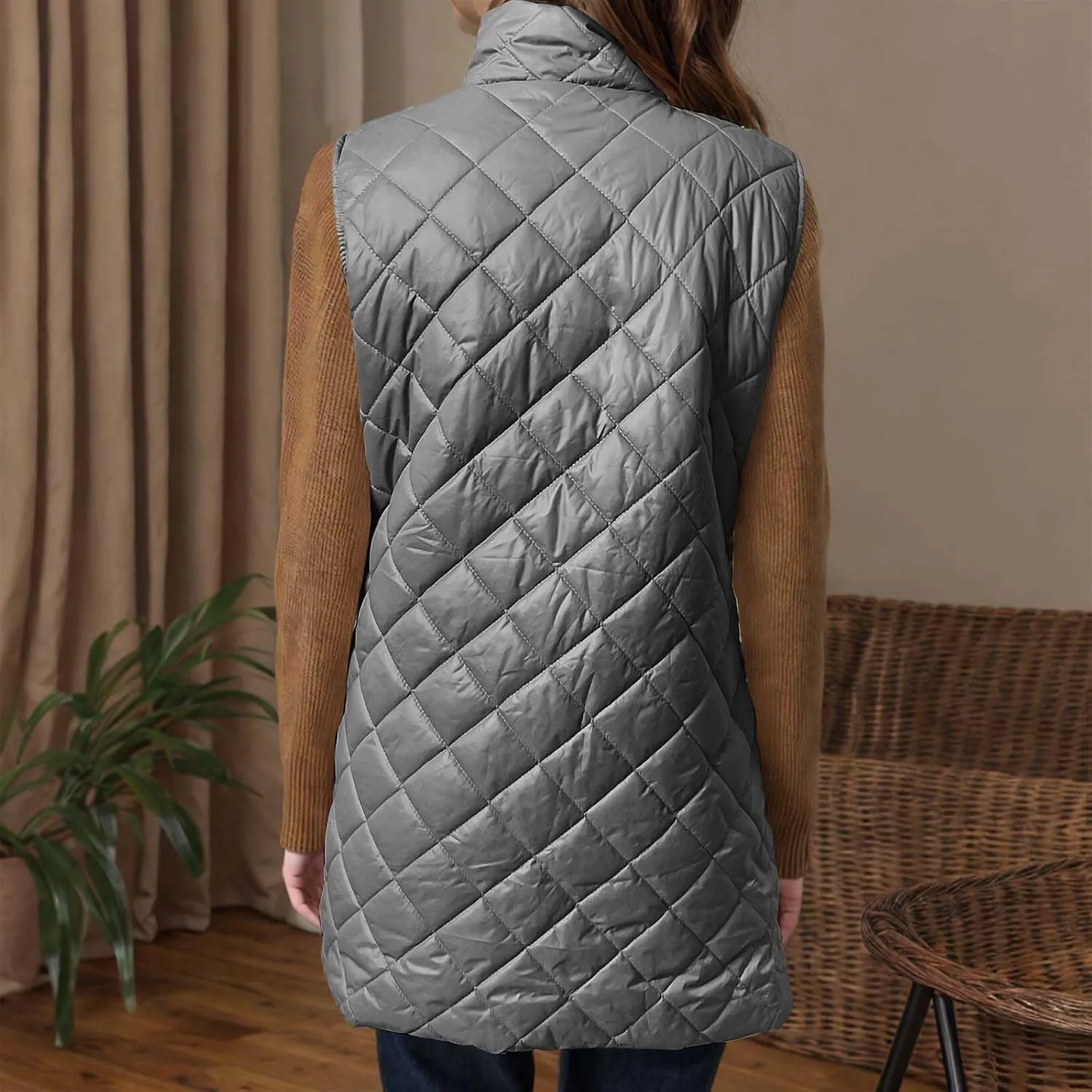 Long Puffer Vest Womens Winter Ultra Light Quilted Long Down Vest Stand Collar Full Zip Pockets Black Outerwear Vest