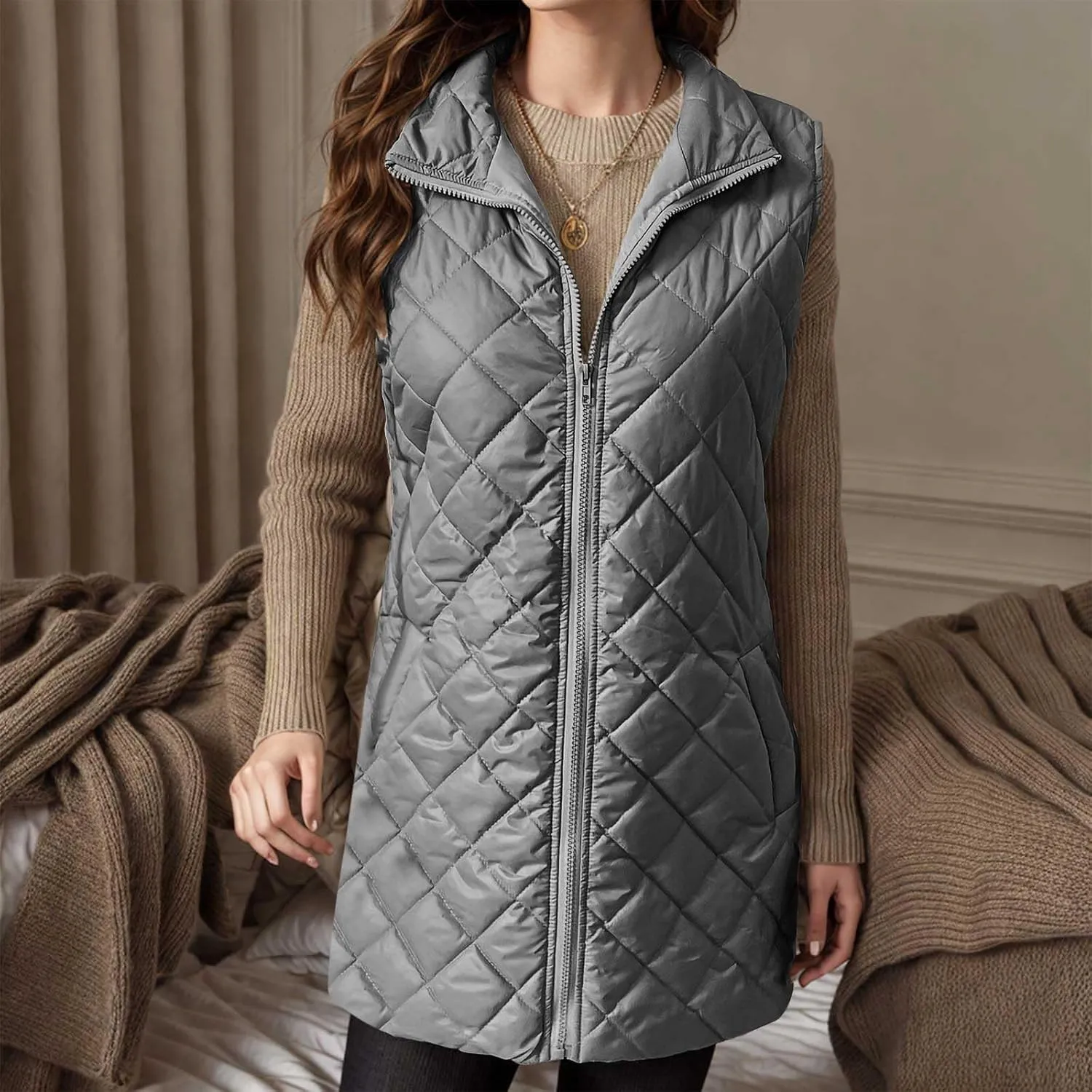 Long Puffer Vest Womens Winter Ultra Light Quilted Long Down Vest Stand Collar Full Zip Pockets Black Outerwear Vest