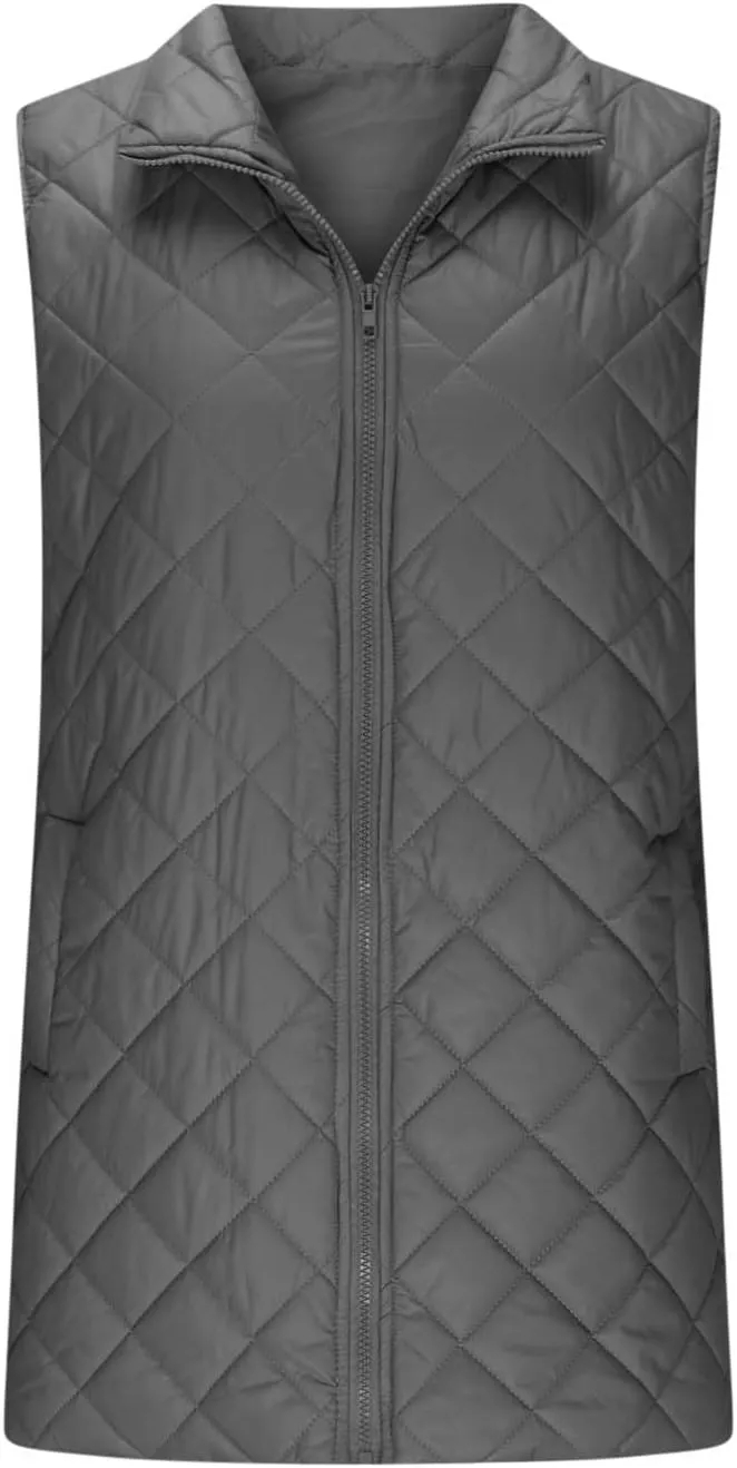 Long Puffer Vest Womens Winter Ultra Light Quilted Long Down Vest Stand Collar Full Zip Pockets Black Outerwear Vest
