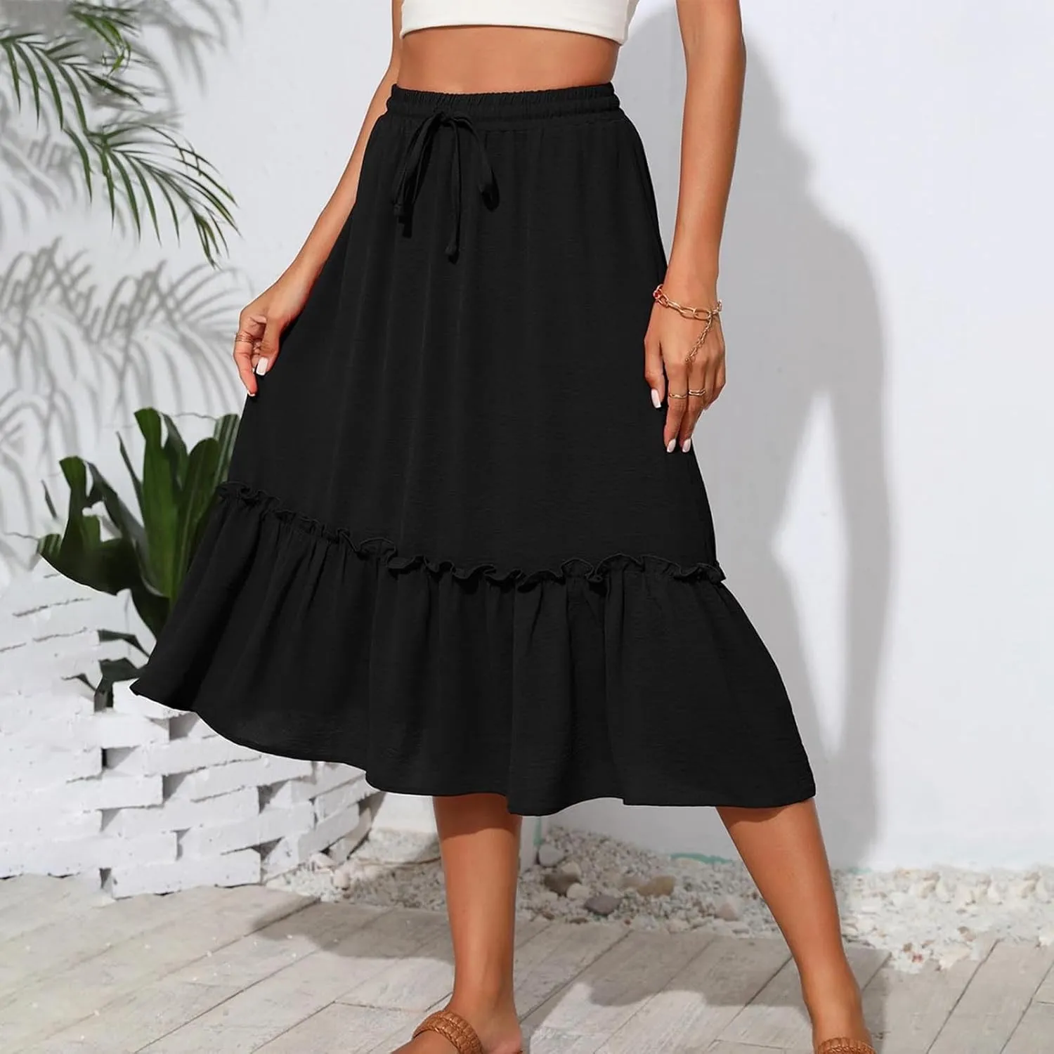 Long Ruffle Skirt for Women Fashion Flowy Boho Maxi Skirts Elastic High Wasit A-Line Pleated Tiered Beach Skirts