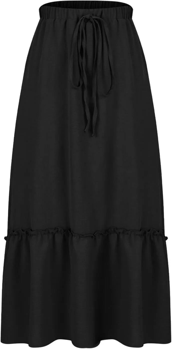 Long Ruffle Skirt for Women Fashion Flowy Boho Maxi Skirts Elastic High Wasit A-Line Pleated Tiered Beach Skirts
