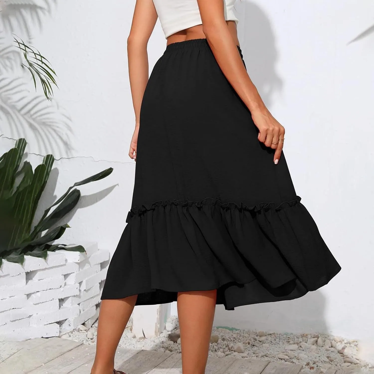 Long Ruffle Skirt for Women Fashion Flowy Boho Maxi Skirts Elastic High Wasit A-Line Pleated Tiered Beach Skirts