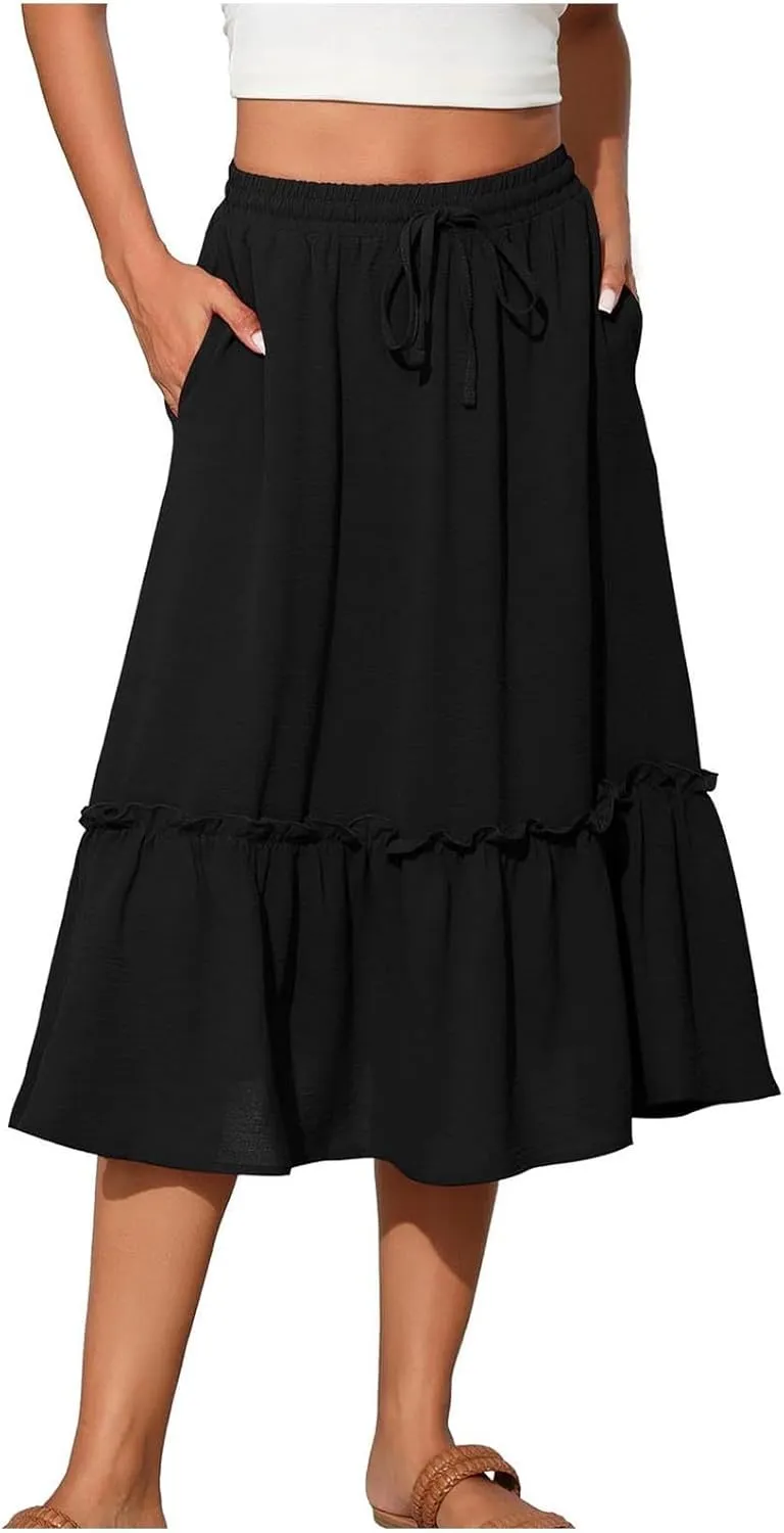 Long Ruffle Skirt for Women Fashion Flowy Boho Maxi Skirts Elastic High Wasit A-Line Pleated Tiered Beach Skirts