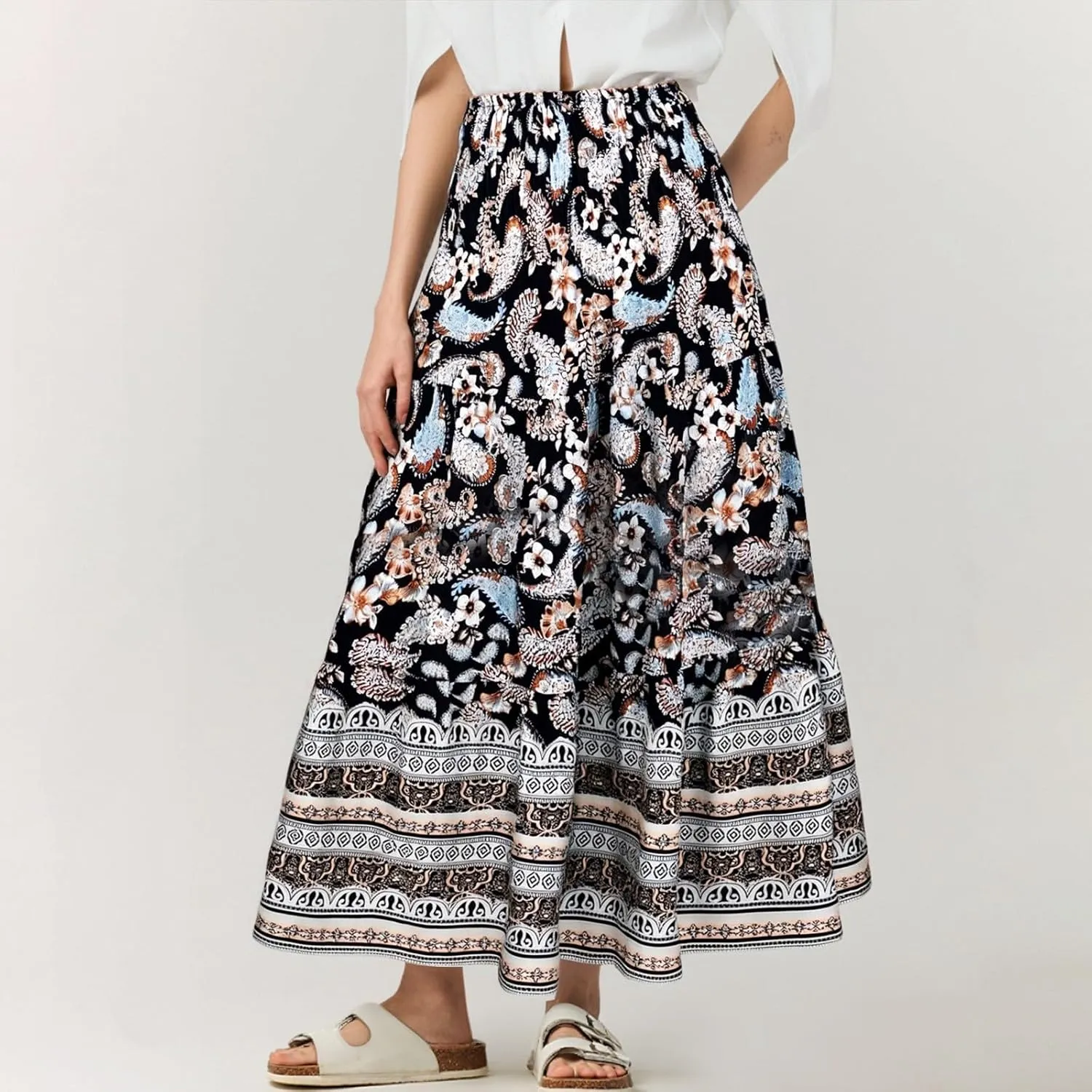 Long Skirts for Women 2025 Smocked Elastic High Waisted Skirts Boho Flowy A Line Tiered Floral Maxi Skirt