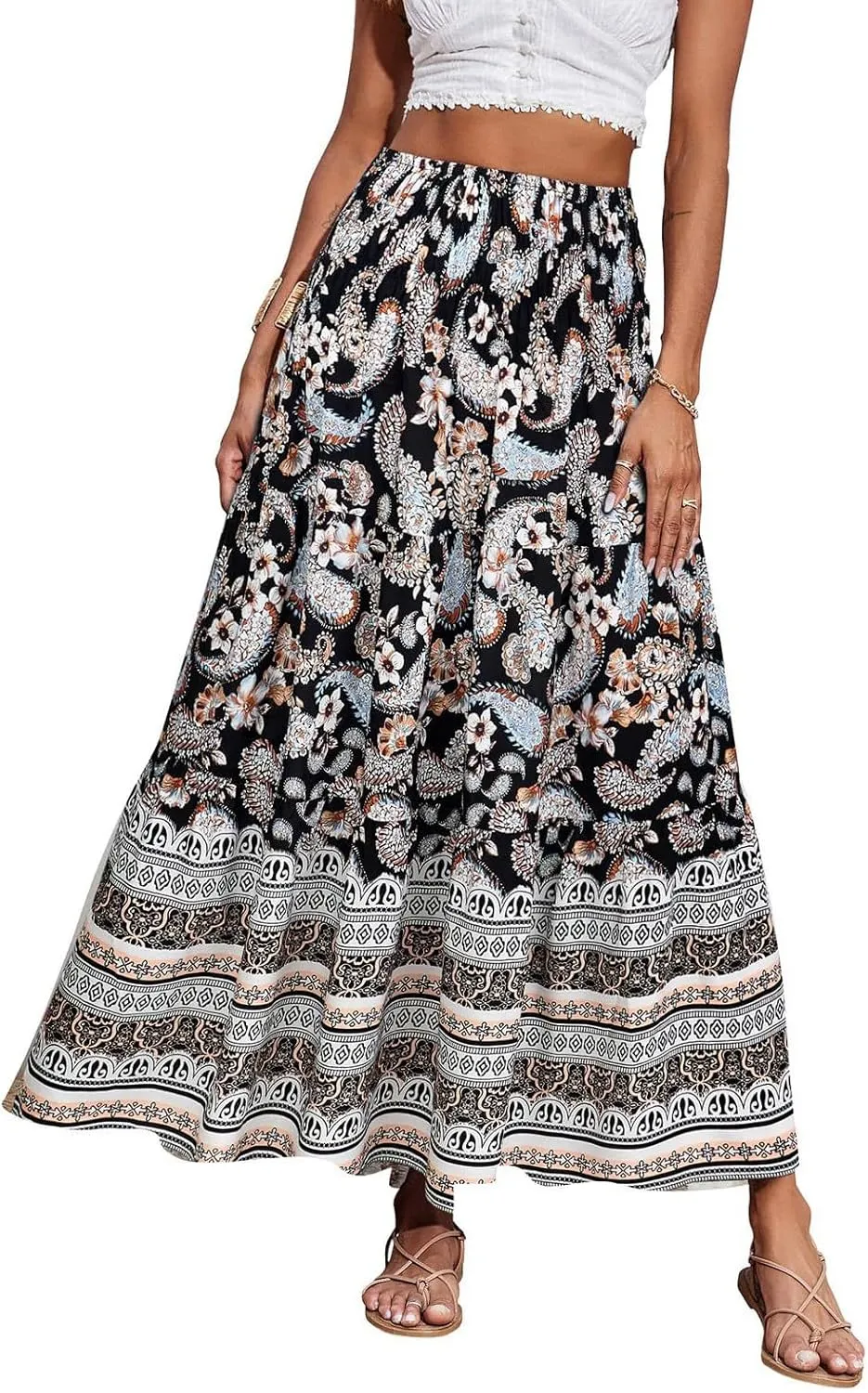 Long Skirts for Women 2025 Smocked Elastic High Waisted Skirts Boho Flowy A Line Tiered Floral Maxi Skirt
