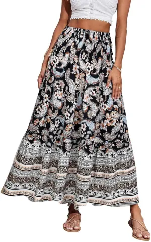 Long Skirts for Women 2025 Smocked Elastic High Waisted Skirts Boho Flowy A Line Tiered Floral Maxi Skirt