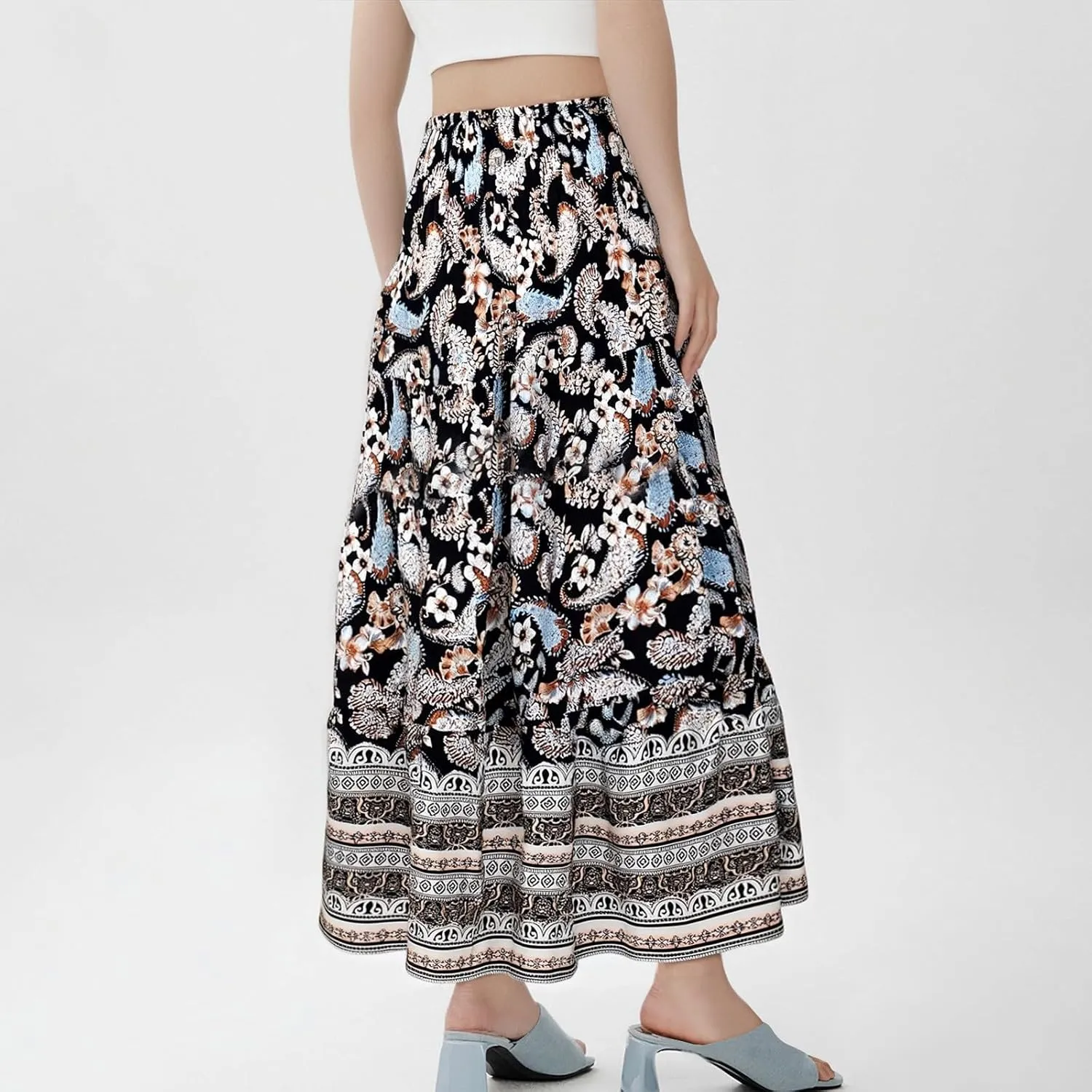 Long Skirts for Women 2025 Smocked Elastic High Waisted Skirts Boho Flowy A Line Tiered Floral Maxi Skirt