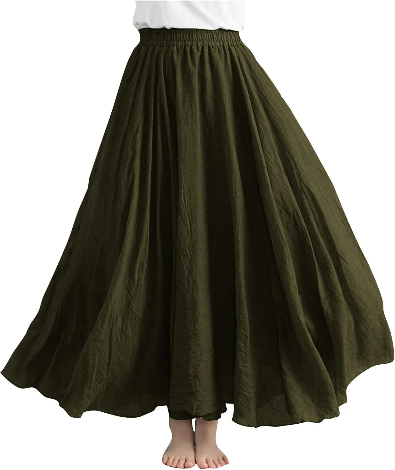 Long Skirts for Women Boho Swing Cotton Linen Maxi Skirt Elastic Waist Flowy A-Line Skirts Casual Ruffle Skirts