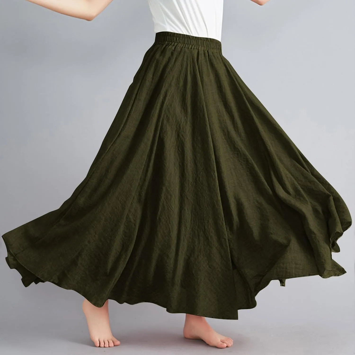 Long Skirts for Women Boho Swing Cotton Linen Maxi Skirt Elastic Waist Flowy A-Line Skirts Casual Ruffle Skirts