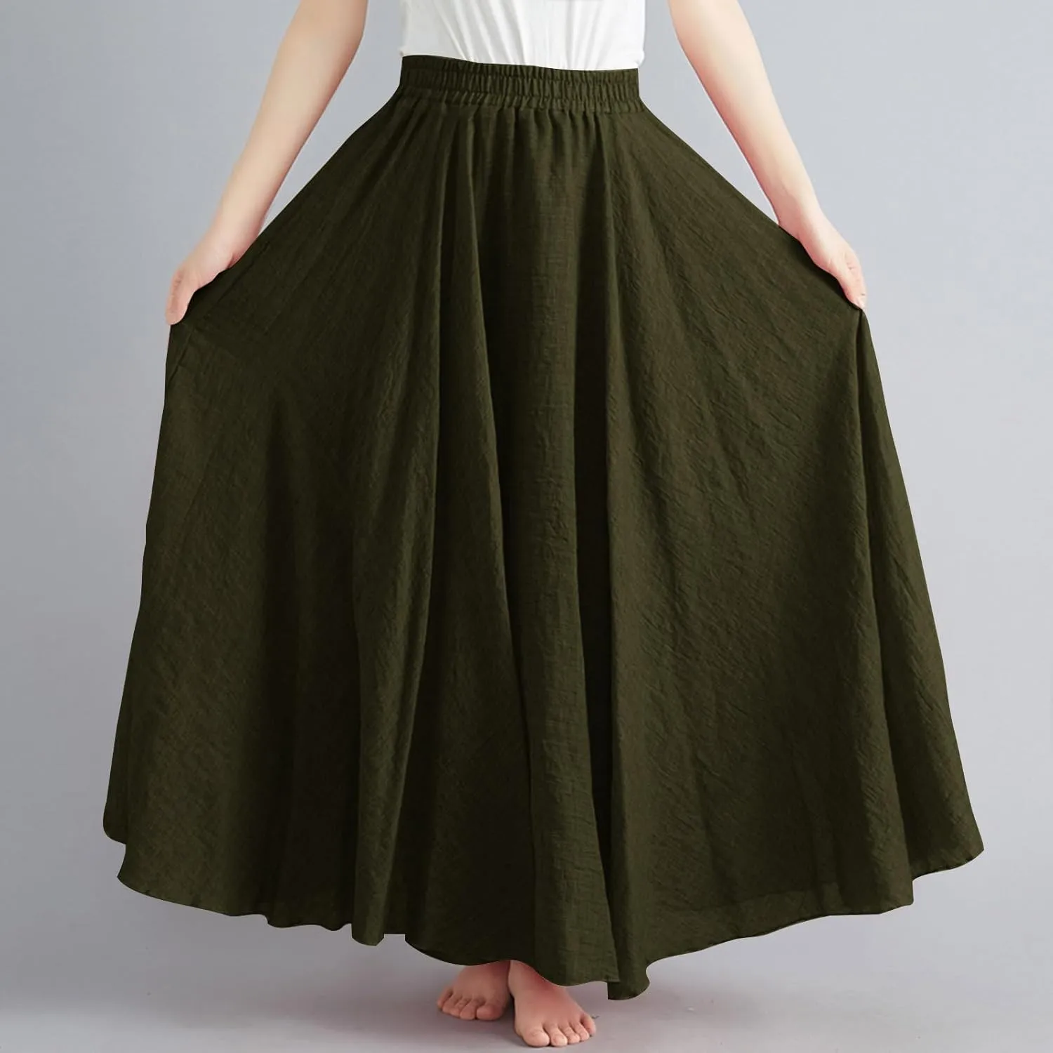 Long Skirts for Women Boho Swing Cotton Linen Maxi Skirt Elastic Waist Flowy A-Line Skirts Casual Ruffle Skirts