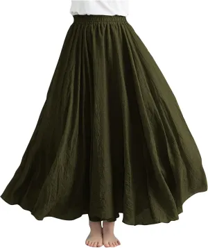 Long Skirts for Women Boho Swing Cotton Linen Maxi Skirt Elastic Waist Flowy A-Line Skirts Casual Ruffle Skirts