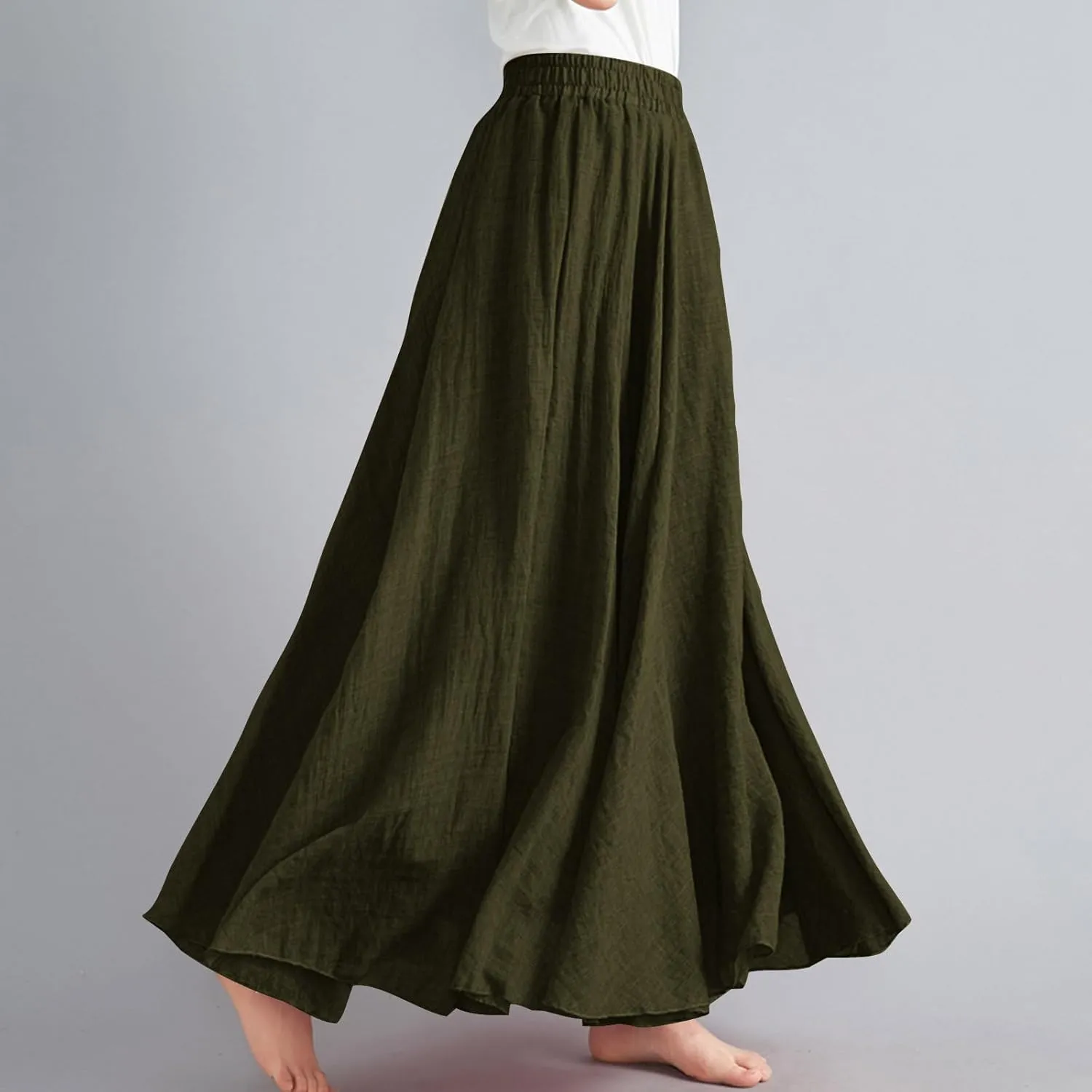Long Skirts for Women Boho Swing Cotton Linen Maxi Skirt Elastic Waist Flowy A-Line Skirts Casual Ruffle Skirts