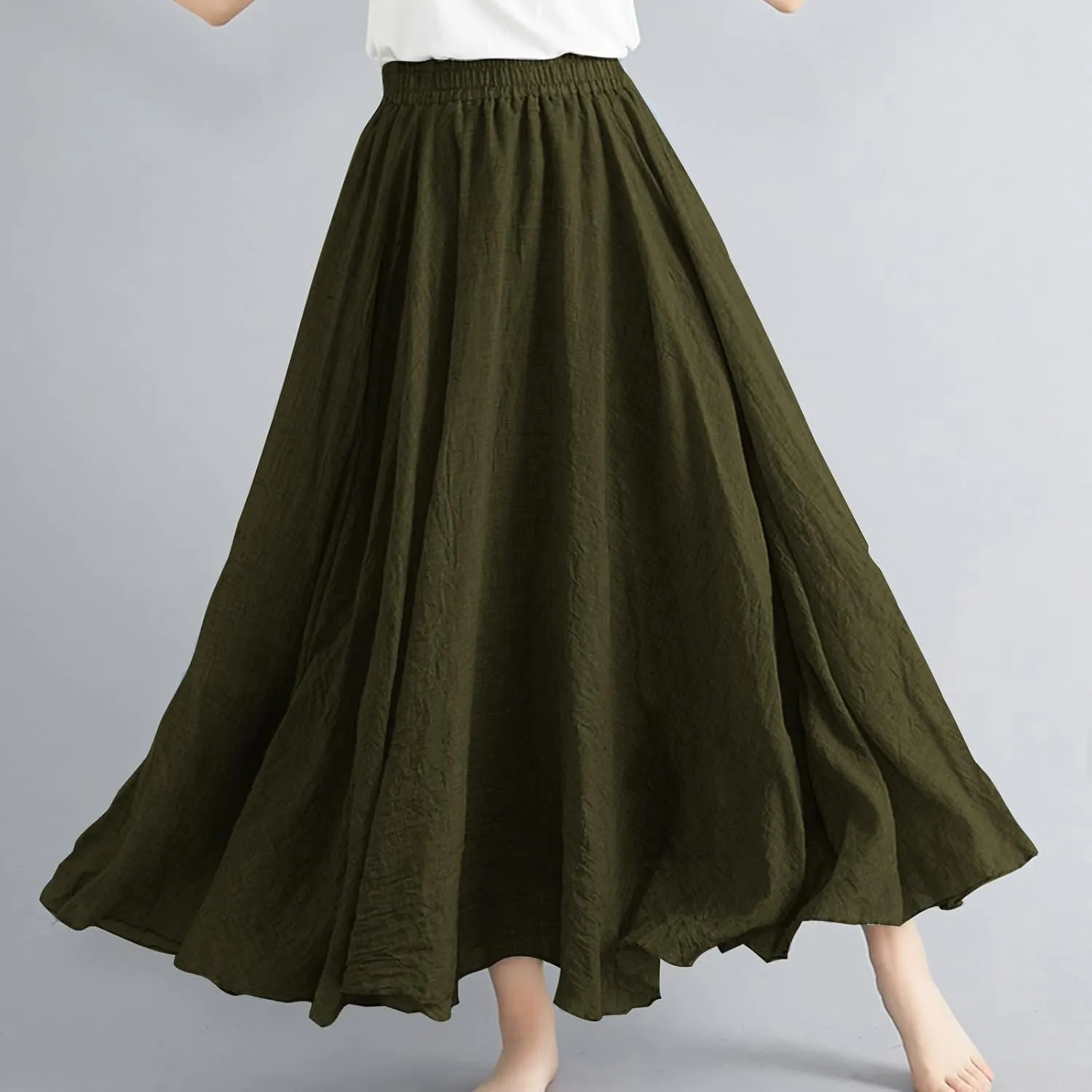 Long Skirts for Women Boho Swing Cotton Linen Maxi Skirt Elastic Waist Flowy A-Line Skirts Casual Ruffle Skirts