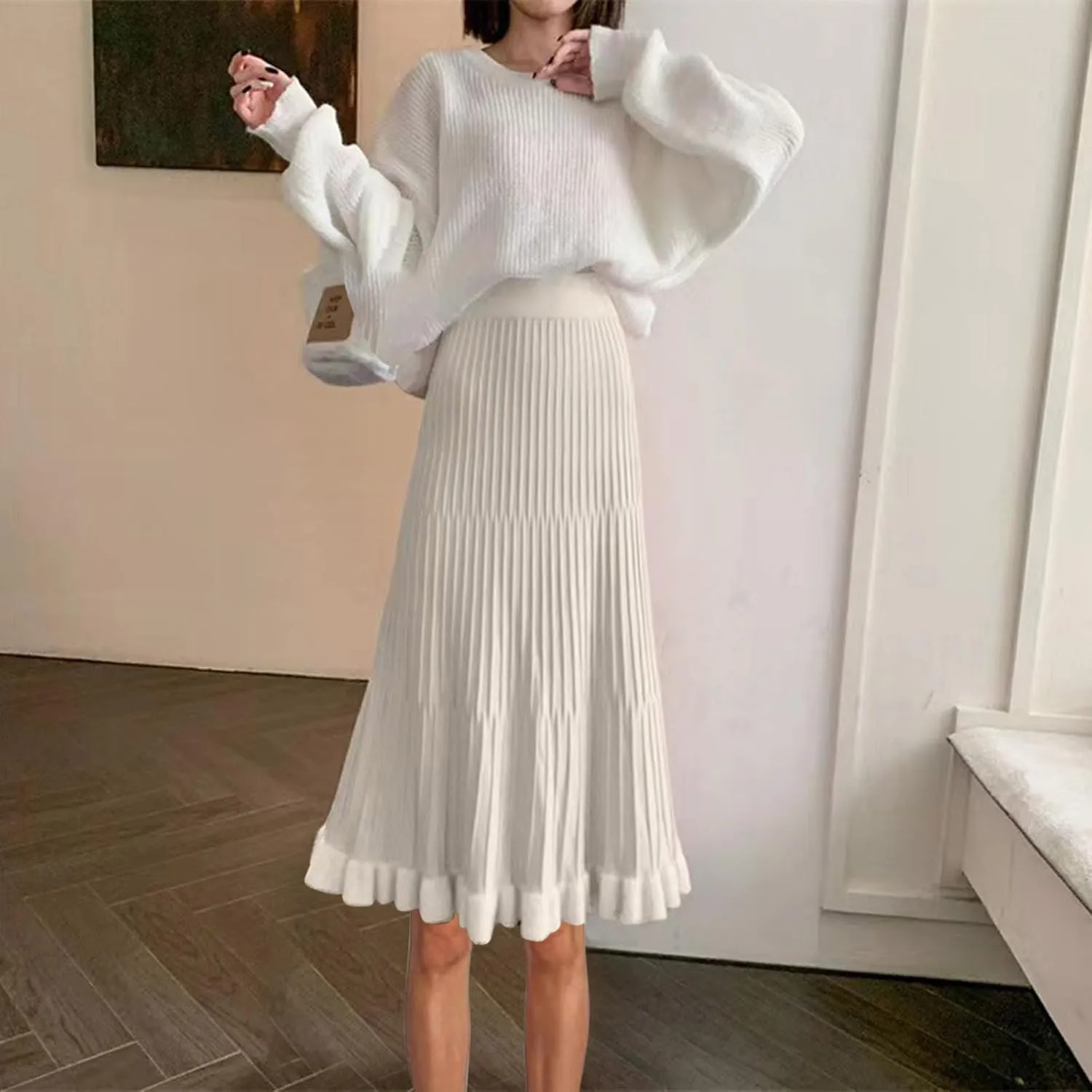 Long Skirts for Women Fall Casual High Waisted Ribbed Knit Midi Skirts Fashion Ruffle Pleated Knitted Half Skirt