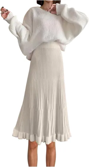 Long Skirts for Women Fall Casual High Waisted Ribbed Knit Midi Skirts Fashion Ruffle Pleated Knitted Half Skirt