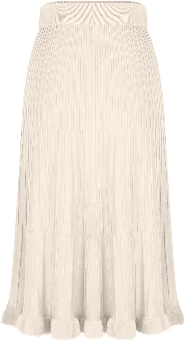 Long Skirts for Women Fall Casual High Waisted Ribbed Knit Midi Skirts Fashion Ruffle Pleated Knitted Half Skirt