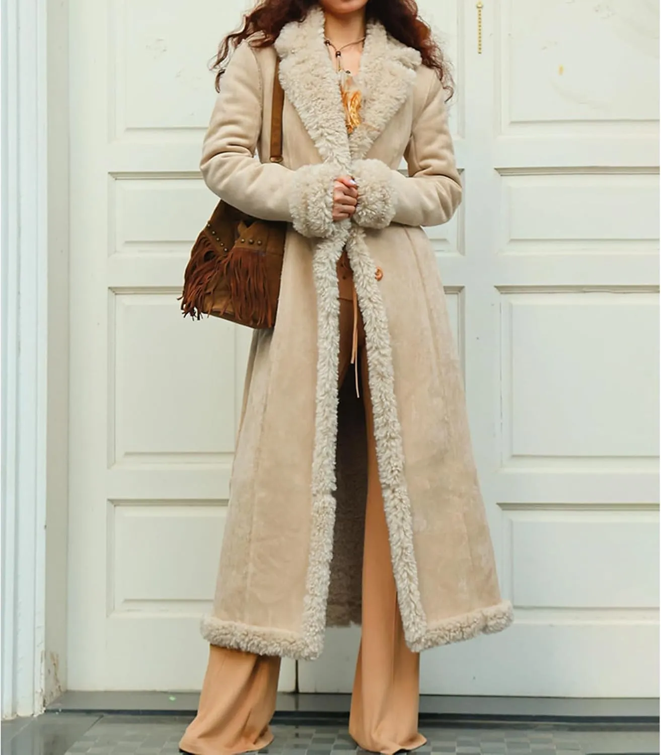 Long Winter Coats for Women Faux Suede Leather Shearing Jacket Fuzzy Sherpa Lined Trench Coat Business Casual Overcoat