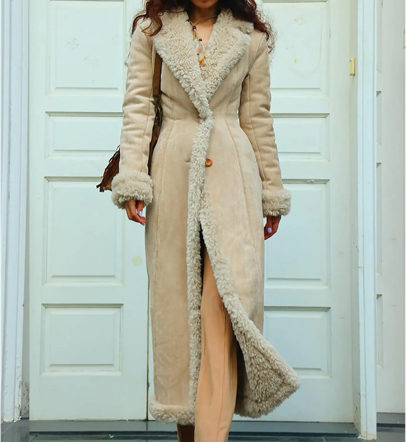 Long Winter Coats for Women Faux Suede Leather Shearing Jacket Fuzzy Sherpa Lined Trench Coat Business Casual Overcoat