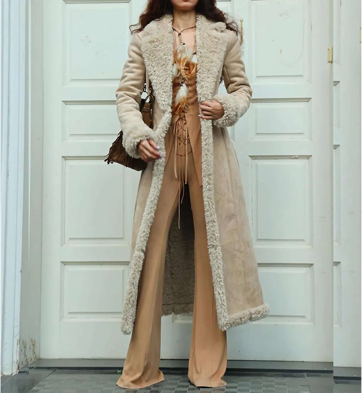 Long Winter Coats for Women Faux Suede Leather Shearing Jacket Fuzzy Sherpa Lined Trench Coat Business Casual Overcoat