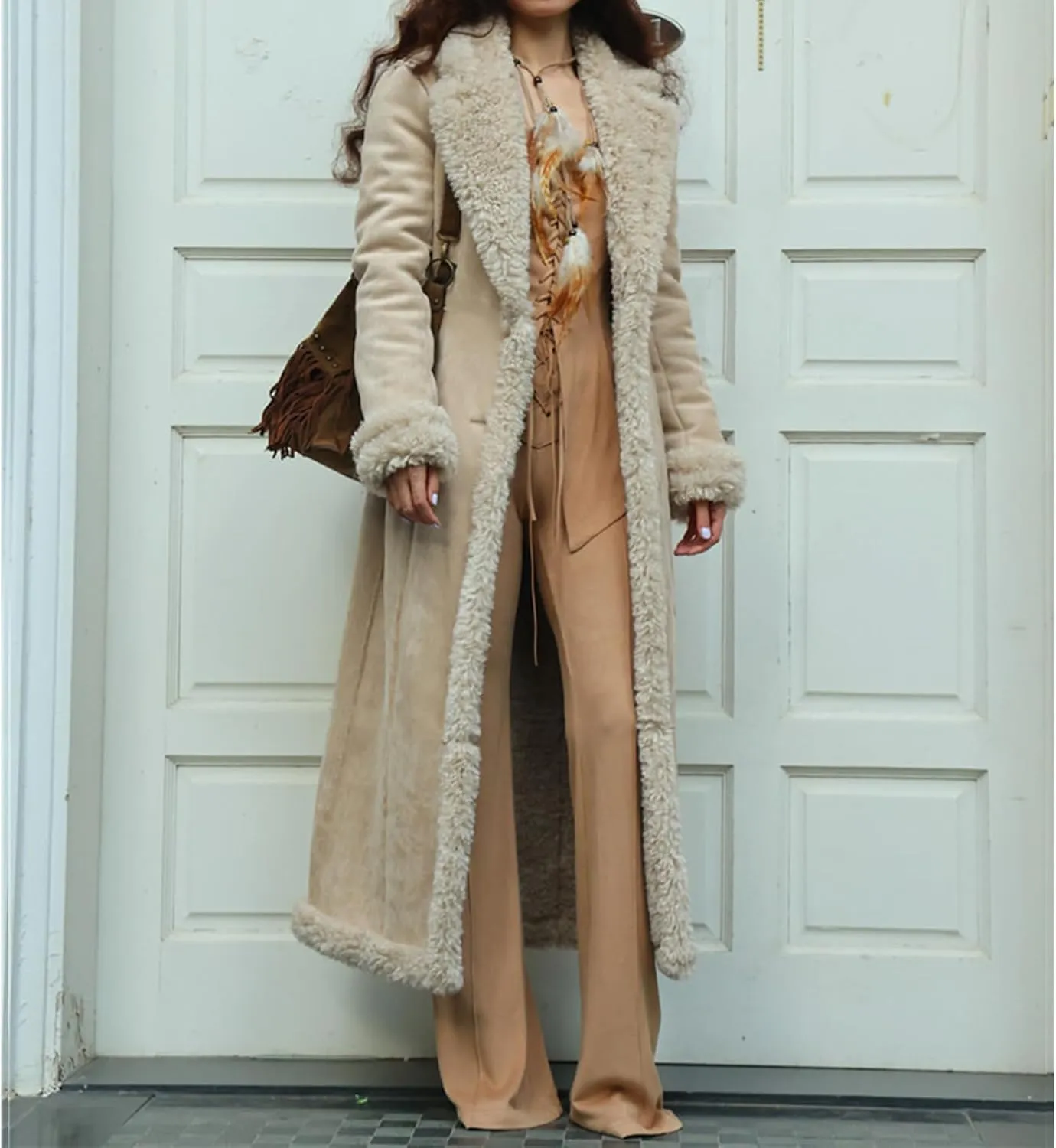 Long Winter Coats for Women Faux Suede Leather Shearing Jacket Fuzzy Sherpa Lined Trench Coat Business Casual Overcoat