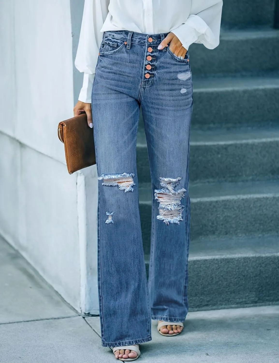 LookbookStore High Waisted Ripped Flare Jeans for Women Distressed Bell Bottom Jeans Wide Leg Pants