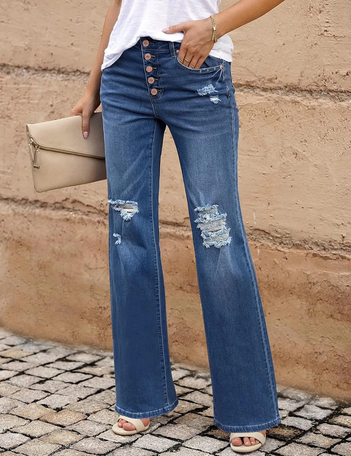 LookbookStore High Waisted Ripped Flare Jeans for Women Distressed Bell Bottom Jeans Wide Leg Pants
