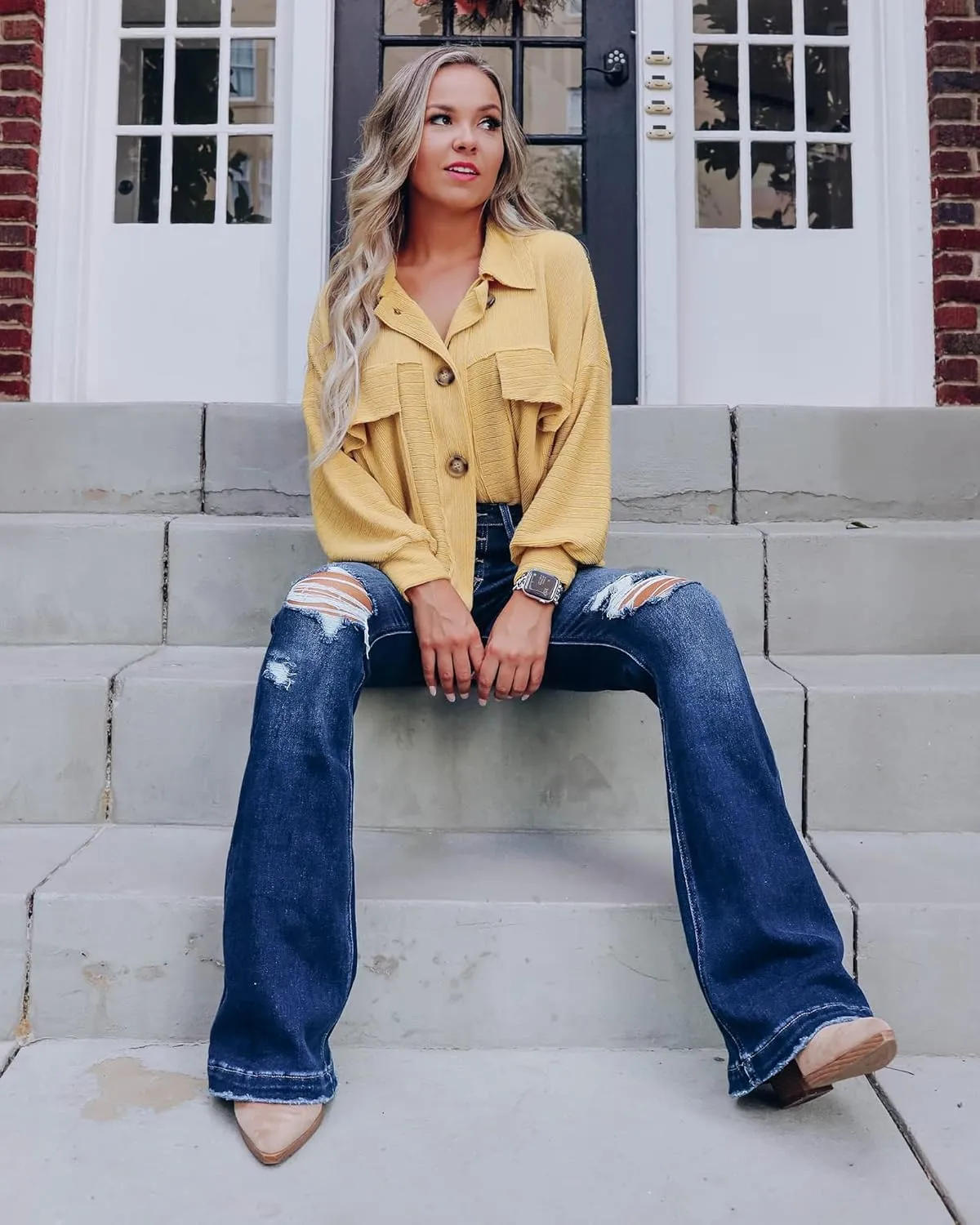 LookbookStore High Waisted Ripped Flare Jeans for Women Distressed Bell Bottom Jeans Wide Leg Pants