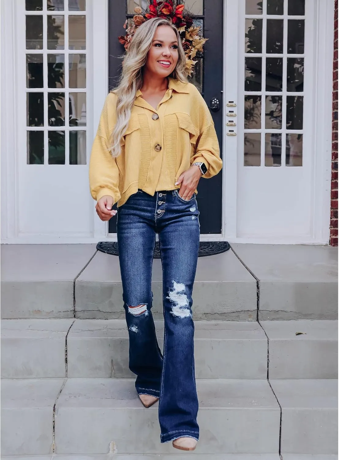 LookbookStore High Waisted Ripped Flare Jeans for Women Distressed Bell Bottom Jeans Wide Leg Pants