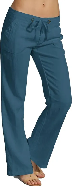 Low Rise Petite Linen Pants for Women Drawstring Elastic Waist Y2K Casual Flared Trouser Summer Loungewear Yoga Pants