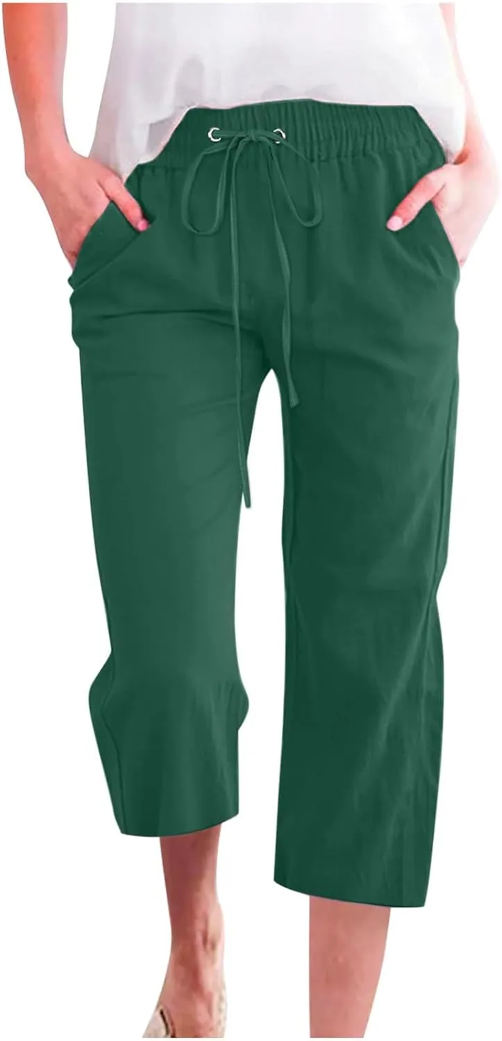 LRMQS Capri Pants for Women Casual Summer 2024 Drawstring Capris Linen Pants Pockets Beach Straight Wide Leg Cropped Trousers