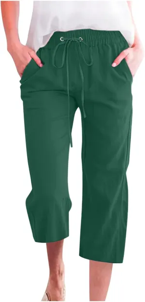 LRMQS Capri Pants for Women Casual Summer 2024 Drawstring Capris Linen Pants Pockets Beach Straight Wide Leg Cropped Trousers