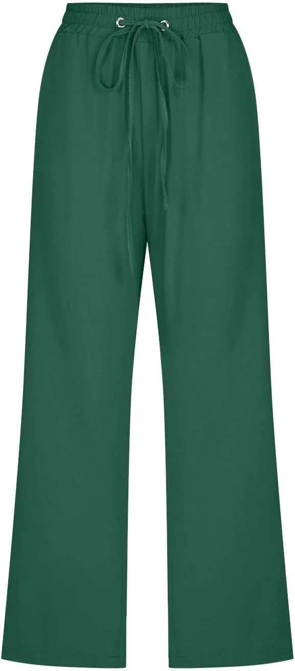 LRMQS Capri Pants for Women Casual Summer 2024 Drawstring Capris Linen Pants Pockets Beach Straight Wide Leg Cropped Trousers