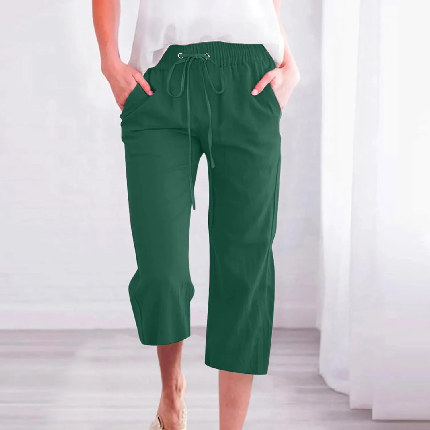 LRMQS Capri Pants for Women Casual Summer 2024 Drawstring Capris Linen Pants Pockets Beach Straight Wide Leg Cropped Trousers
